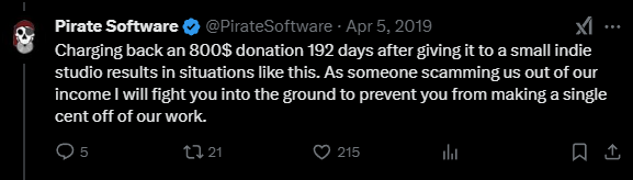 <a target="_blank" href="https://x.com/PirateSoftware/status/1114240256042098688">https://x.com/PirateSoftware/status/1114240256042098688</a> replying to a <a>now deleted</a> post