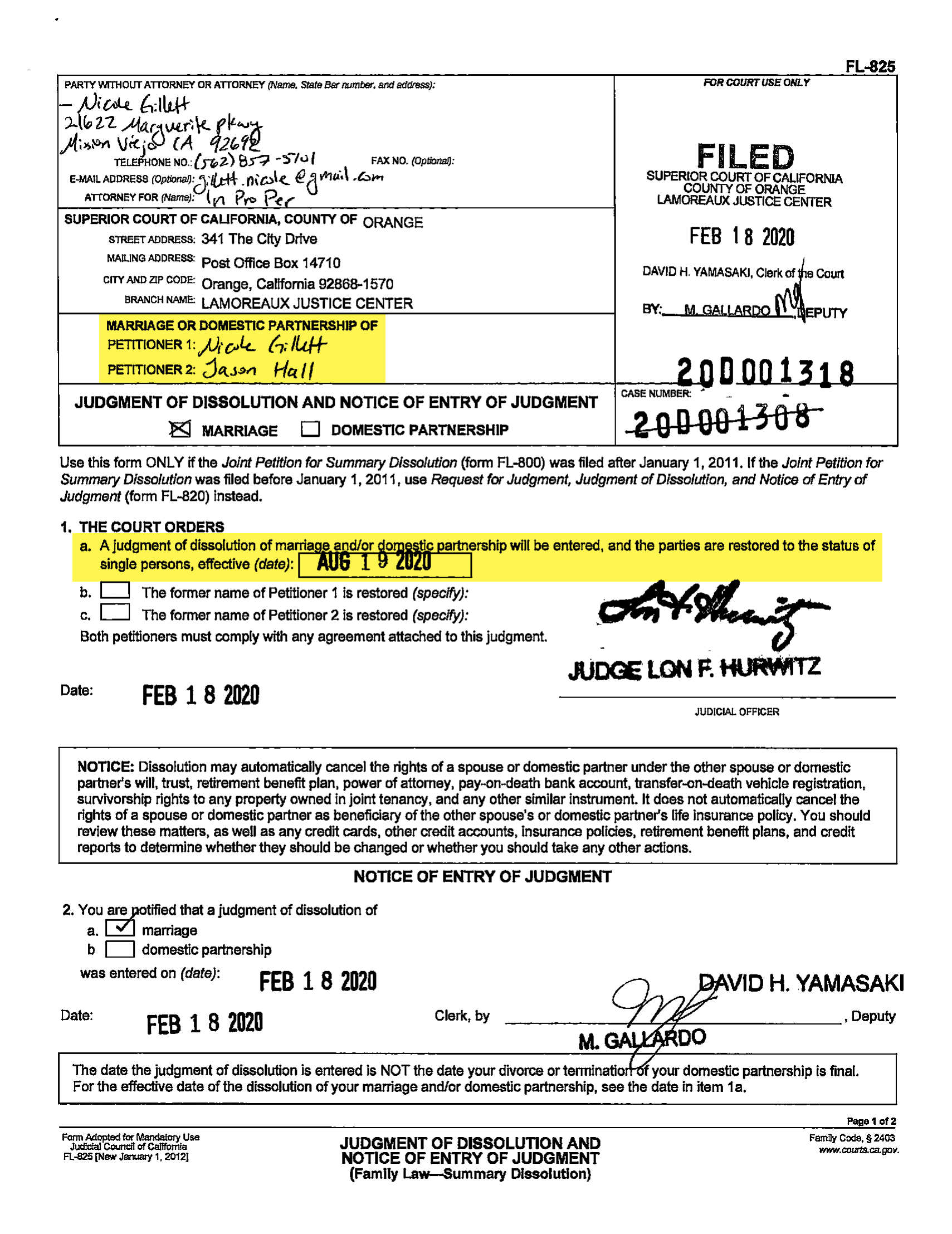 Divorce judgement, divorce date Aug 19, 2020