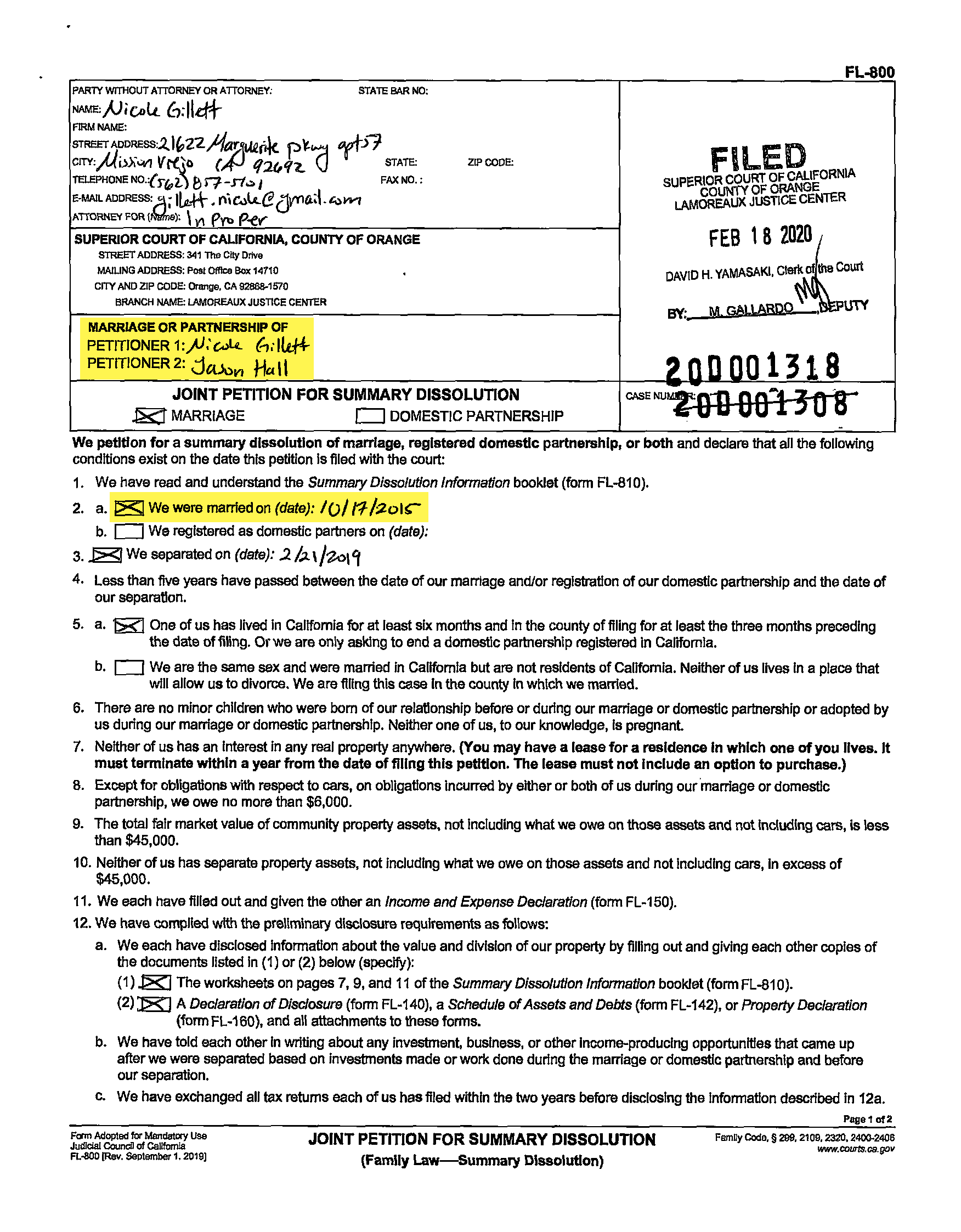 Divorce filing, married on 10/17/2015